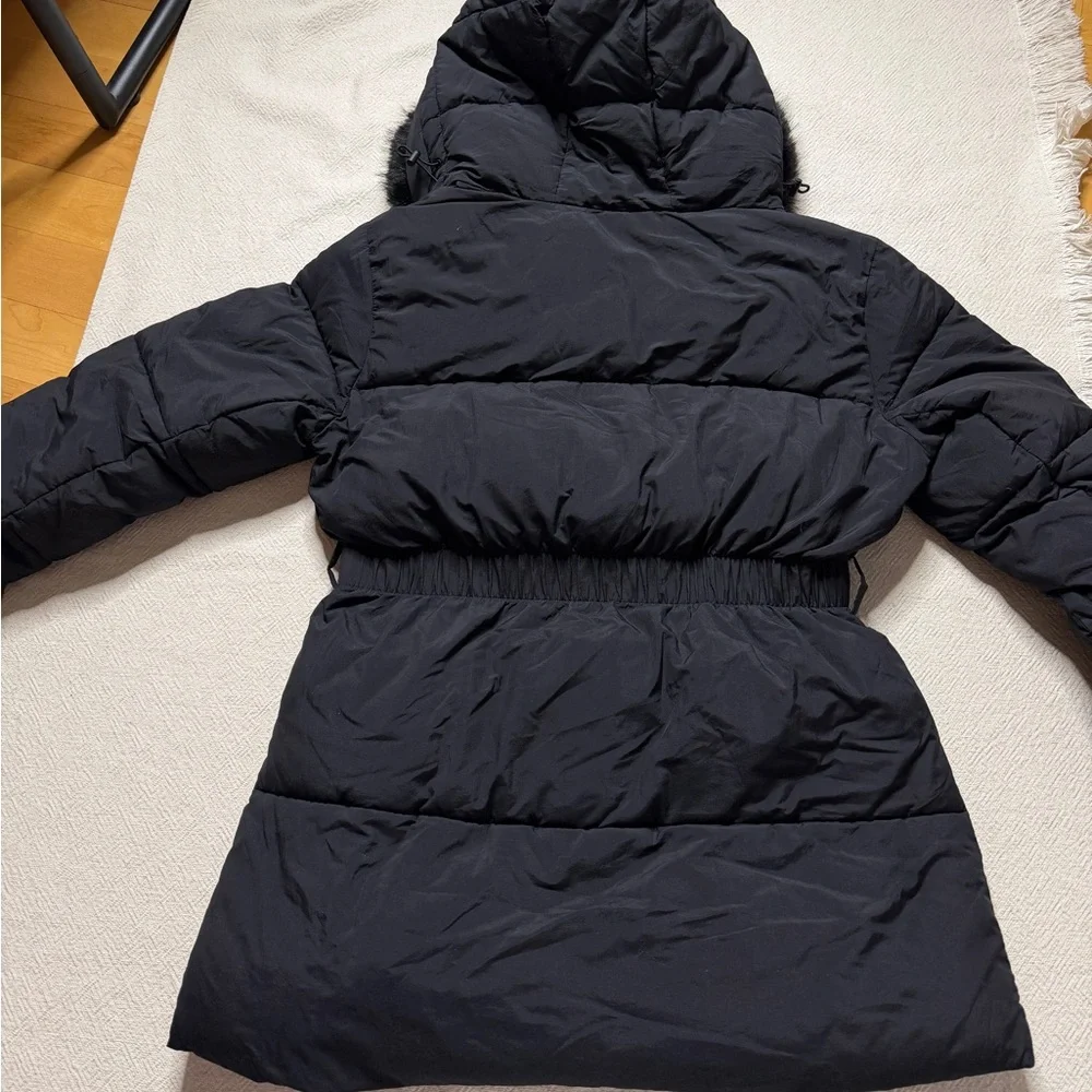 GAP Primaloft Puffer Midi Coat Black Fur Trim Hooded Winter Jacket M - Picture 12 of 13